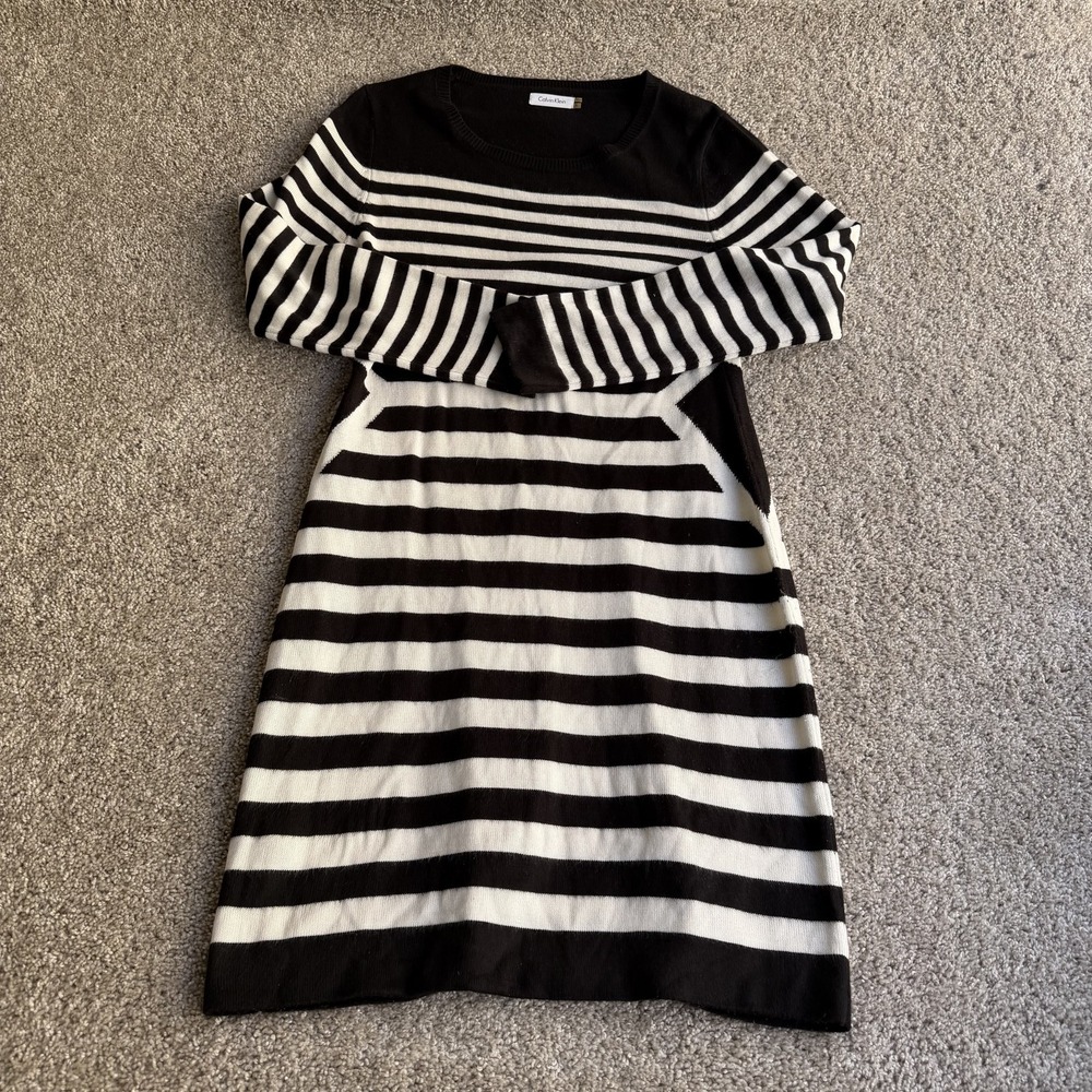 Calvin Klein Dress Womens L Black Striped Long Sleeve Sweater Knit Knee Length